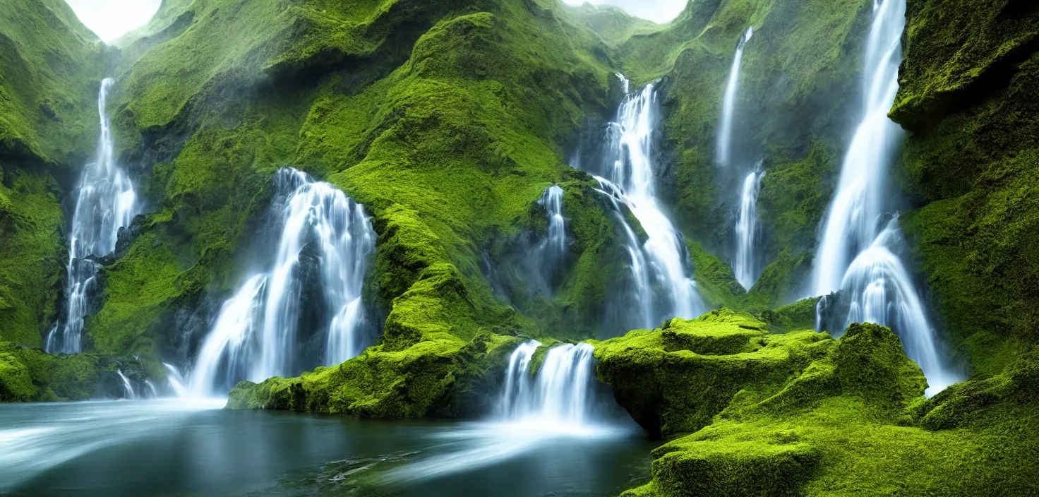 Prompt: a waterfall in the middle of a mountain range, a detailed matte painting by hallsteinn sigurðsson, shutterstock contest winner, naturalism, uhd image, creative commons attribution