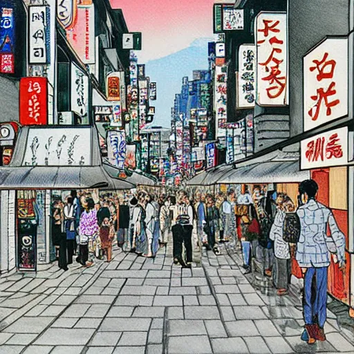 Image similar to a beautiful painting of a city street in tokyo by hirohiko araki, detailed line art, jojos bizarre adventure