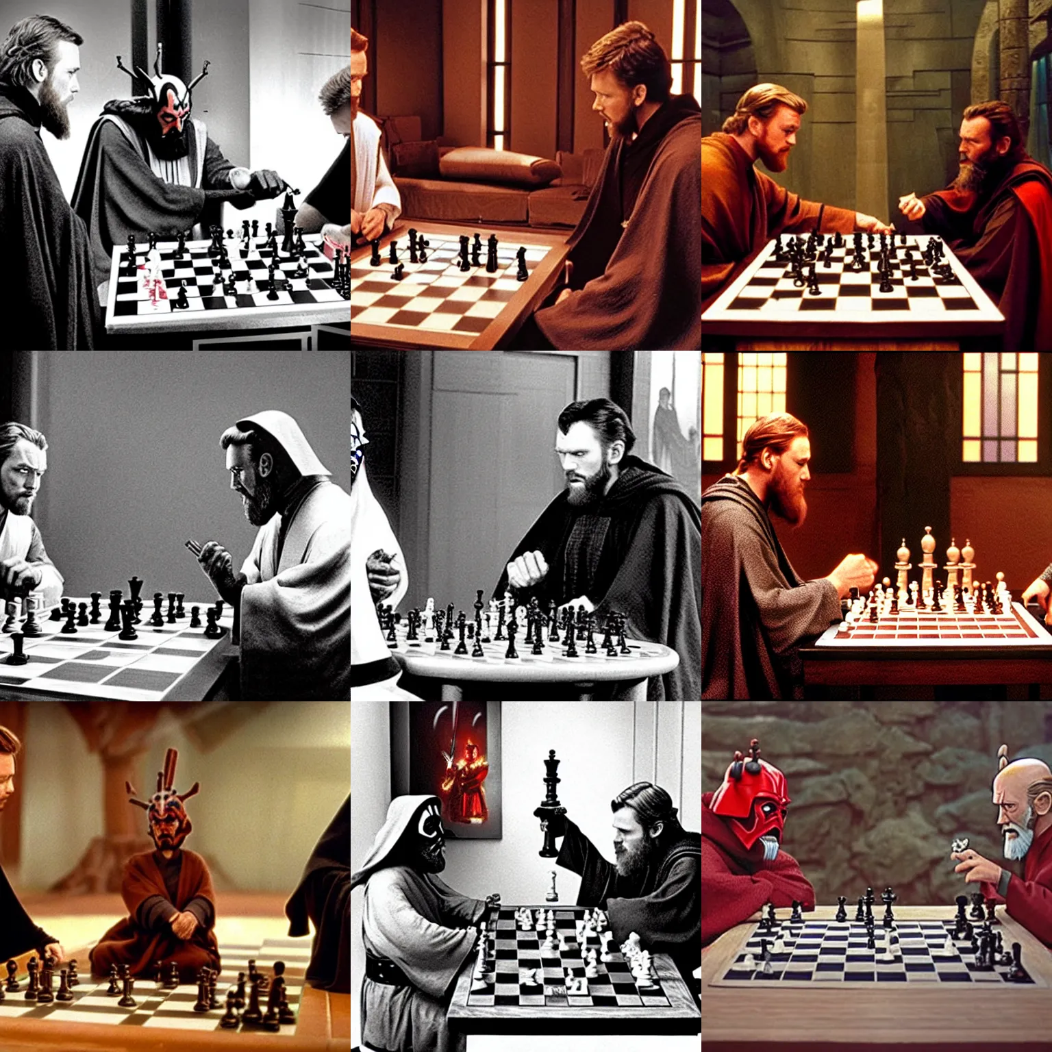 Prompt: obi - wan kenobi and darth maul playing chess, movie still