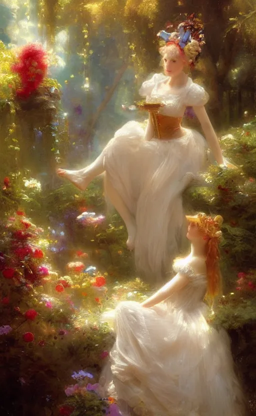 Image similar to Alice in the wonderland by Raphael Lacoste and Pierre Auguste Cot and Delphin Enjolras and Daniel F. Gerhartz