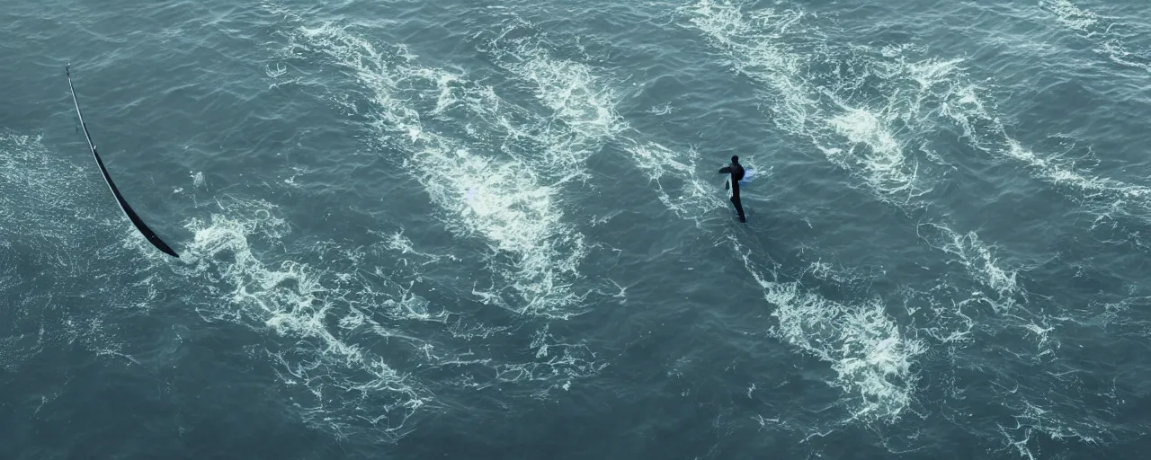 Prompt: cinematic rendering of a man standing stiff on a surfboard while he fishes aggressively with a long fishing pole to reel in something underwater only revealed by a large brutish shark fin