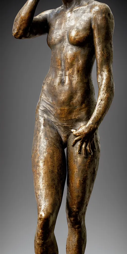Prompt: detailed photo of an old bronze patina statue of nathalie portman, full body portrait, photorealism, intricate detail, museum diffuse lighting