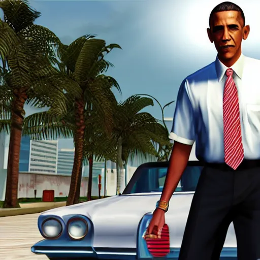 Image similar to screenshot of barack obama in gta vice city, good graphic, highly detailed, rtx engine, nvidia geforce