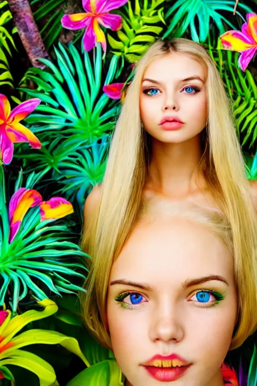 Image similar to an attractive girl is surrounded by colourful tropical flowers and plants, symmetric face and eyes, upper body face shot, long straight blonde hair, visible face