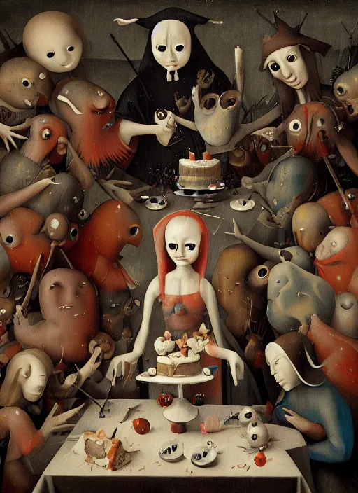 Image similar to fnafs eating cakes painted by hieronymous bosch, detailed digital art, trending on Artstation