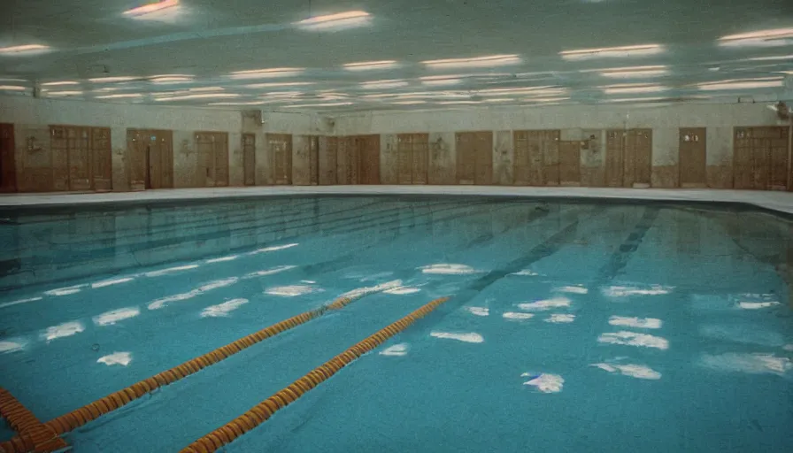 Prompt: 60s movie still of a sovietic stalinist style empty municipal swimming pool with tiles, cinestill 800t 50mm eastmancolor, liminal Space style, heavy grain-s 150