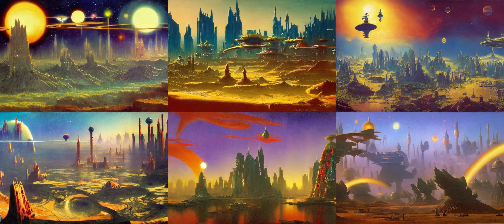 Prompt: coruscant landscape in the style of dr. seuss, starships, painting by albert bierstadt