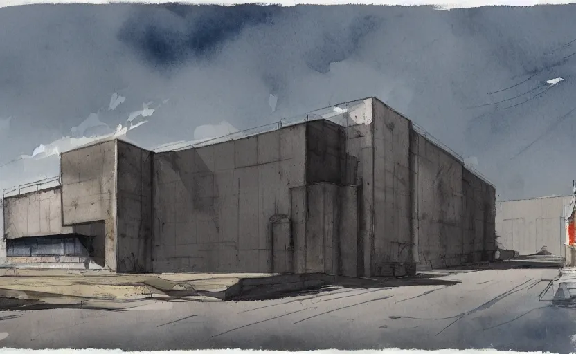 Prompt: concept art of a concrete factory exterior, pinterest, artstation trending, behance, watercolor, by coby whitmore, silver, laser light,