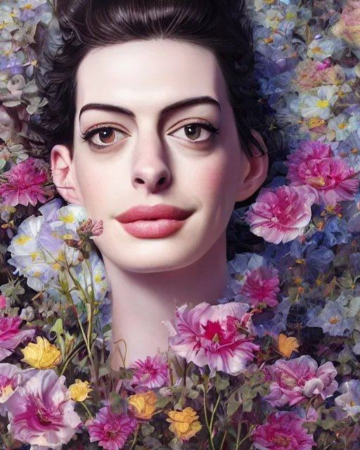 Image similar to portrait of anne hathaway, surrounded by flowers by karol bak, james jean, tom bagshaw, rococo, sharp focus, trending on artstation, cinematic lighting, hyper realism, octane render, 8 k, hyper detailed.