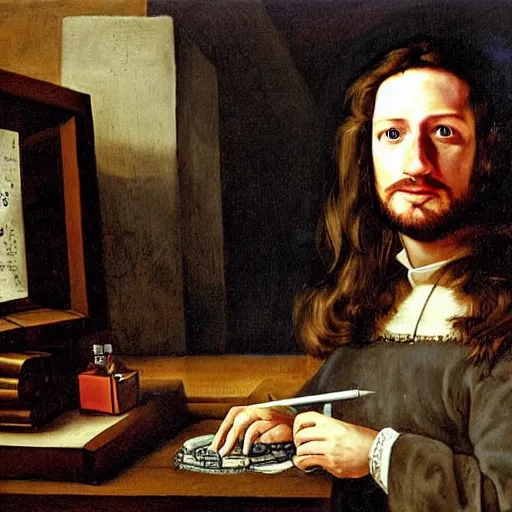 Image similar to Mark Zuckerberg as a long haired medieval scientist building a futuristic time machine, by Diego Velázquez