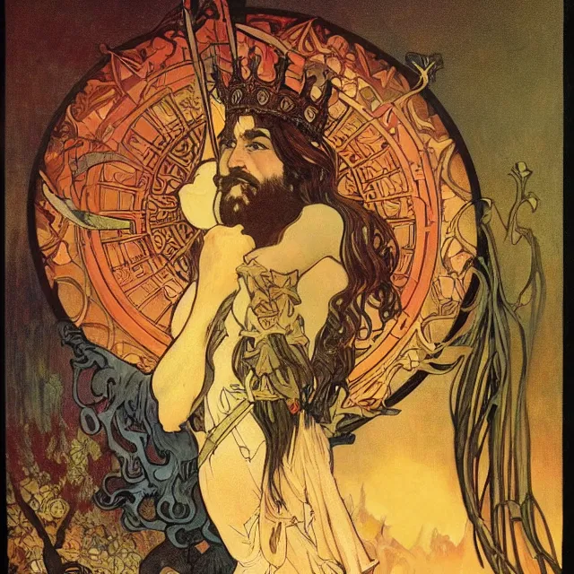 Prompt: an aesthetic! a detailed portrait of a man in a long beard, with a crown, holding a lantern with mountains of gold in the background, black birds flying overhead!! by frank frazetta and alphonse mucha, oil on canvas, art nouveau dungeons and dragons fantasy art, hd, god rays, ray tracing, crisp contour lines, huhd