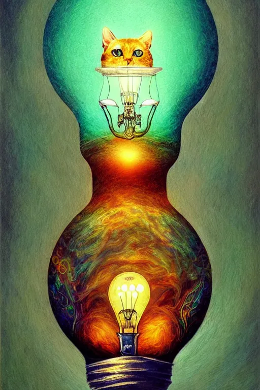 Image similar to portrait of an ethereal cat inside a light bulb, modern fine art, lithe, dreamscape, intricate, elegant, subsurface scattering, highly detailed, pop art painting, organic acrylic flow art, psychedelic surreal art, acrylic art, watercolor, featured on deviantart, cgsociety