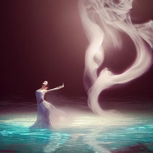 Prompt: manshaped swirling smoke beside woman dancing underwater wearing a flowing dress made of seaweed, octane render, caustics lighting from sunlight above, cinematic