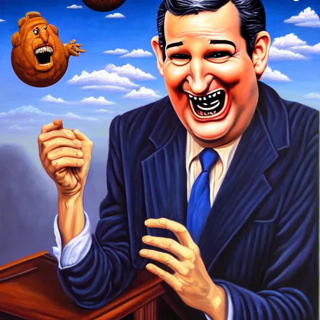Image similar to an oil on canvas portrait painting of ted cruz telling a joke about the the republican party, surrealism, surrealist, cosmic horror, rob gonsalves, high detail