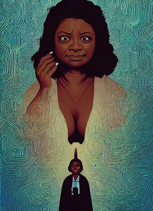 Image similar to poster artwork by Michael Whelan and Tomer Hanuka, Karol Bak of Octavia Spencer has a voice in her head, reality is a labyrinth, psychological thriller from scene from Twin Peaks, clean, simple illustration, nostalgic, domestic, full of details