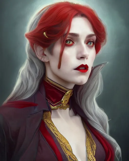 Image similar to female queen vampire, perfect face, gold waistcoat, red shirt, long grey hair, red necktie, cinematic, stunning, highly detailed, digital painting, artstation, smooth, hard focus, illustration, art by artgerm and greg rutkowski and alphonse mucha