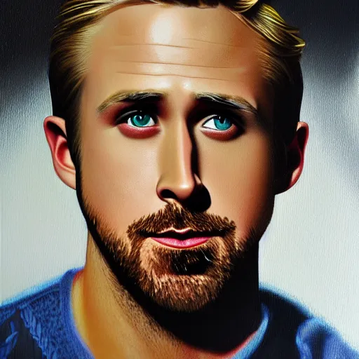 Image similar to ryan gosling portrait in detail in oil using block colour by james jean,