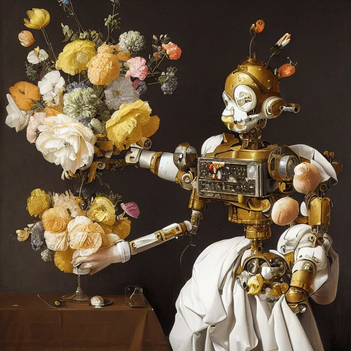 Image similar to still life painting of a beautiful bouquet of flowers coming out of a bipedal robot head by pieter claesz, oil on canvas, strong lighting, highly detailed, hyper realism, golden hour, god rays, hd, 4 k