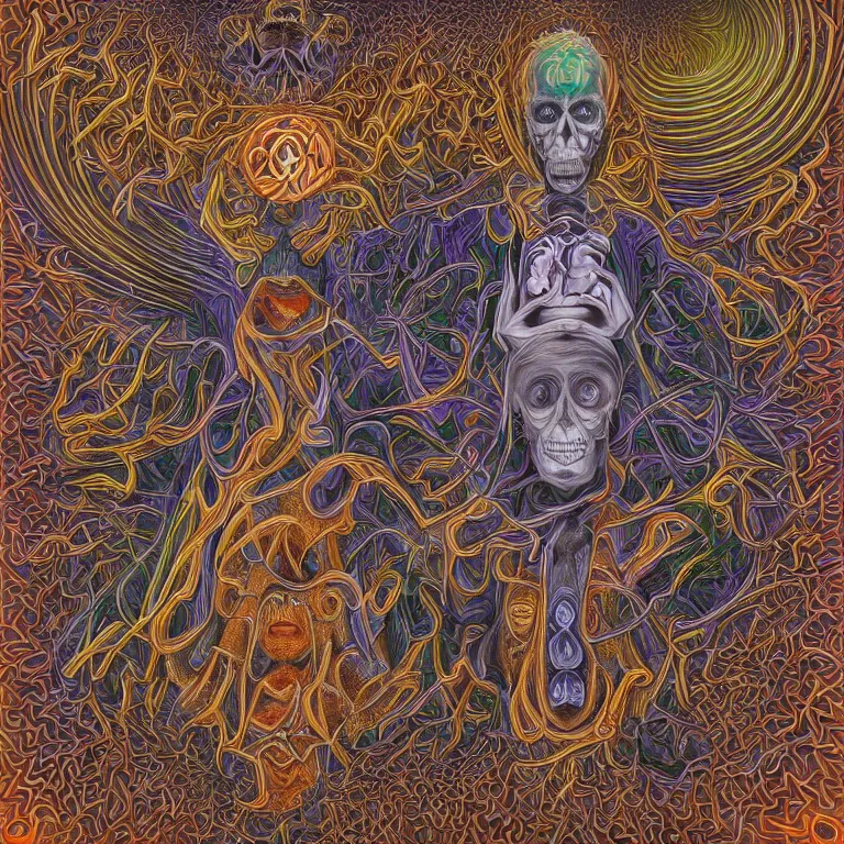 Image similar to expression of mind-matter interaction through death by Alex Grey and M. C. Escher collaboration, digital painting, Groundcore