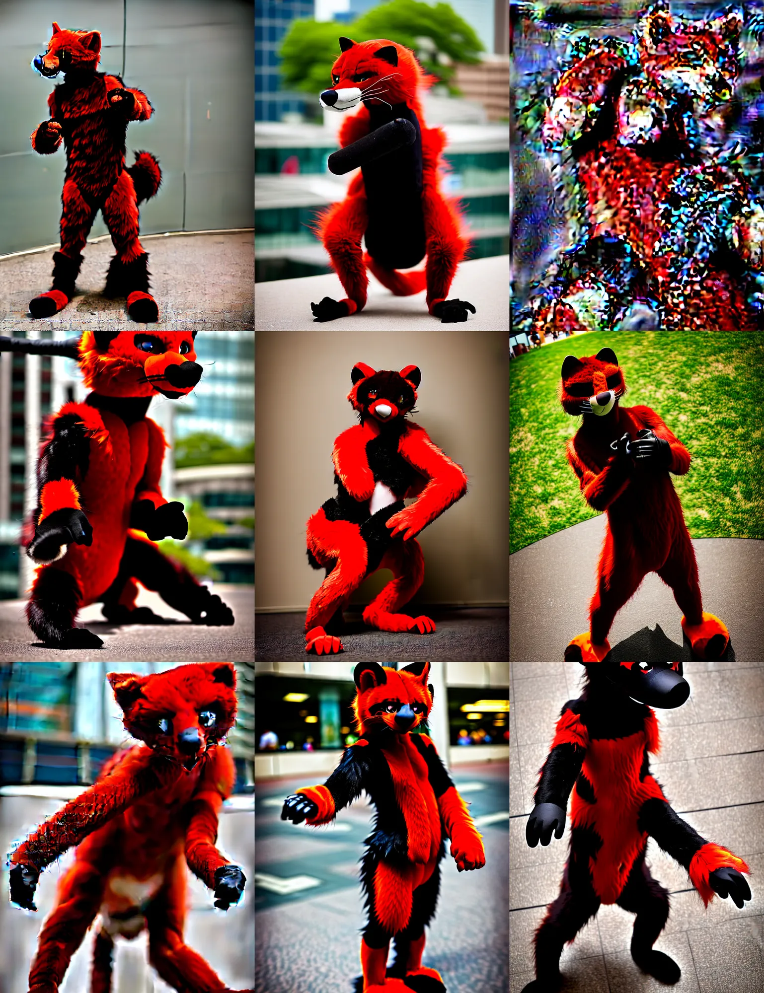 Image similar to fullbody photoshoot photo portrait of a roguish male red - black furred weasel furry fursuiter ( tail attached ), taken at anthrocon ( furry convention )