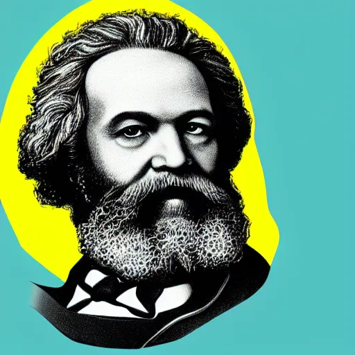 Prompt: photo-realistic portrait of Karl Marx with blue hair buns, wearing a neon yellow dress by Vivienne Westwood, intricate details, masterpiece, reinassance style, black background