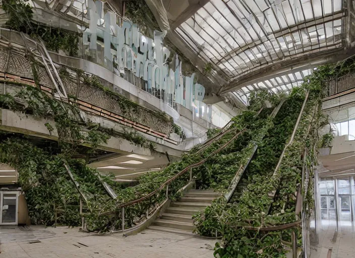 Image similar to an escalator in an abandoned mall in the 1 9 8 0 s, taken over by nature, covered in vines
