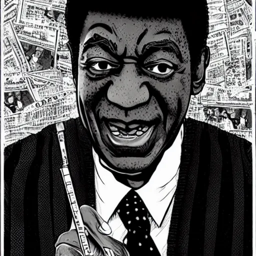 Image similar to bill cosby, in the style of manga, black and white, detailed, serious, epic