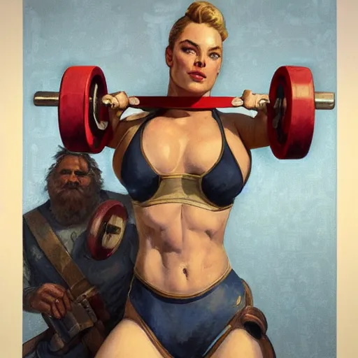 Image similar to socialist realism propaganda poster of margot robbie as beautiful female very muscular weightlifter from overwatch, portrait, profile picture, socialist realism, highly detailed, intricate, digital painting, artstation, sharp focus, illustration, art by jakub rozalski, greg rutkowski, artgerm, tan zi and ayanamikodon and alphonse mucha and wlop