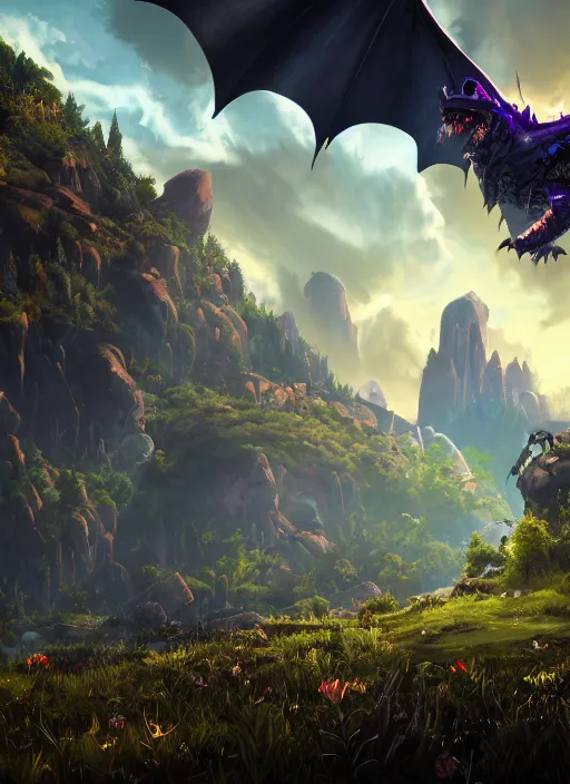 Image similar to landscape portrait of a gothic biome with glowwave dragon from overwatch, au naturel, hyper detailed, digital art, trending in artstation, cinematic lighting, studio quality, smooth render, unreal engine 5 rendered, octane rendered, art style by pixar dreamworks warner bros disney riot games and overwatch.