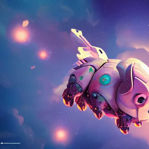 Prompt: 3D Fantasy Cute and adorable mecha piggy floating in space, bright stars, Smooth 3D Illustration, soft render, Servando Lupini, Daniil Kudriavtsev, handpaint texture, Blender, 3DCoat