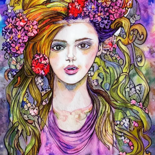 Image similar to a painting of a woman with flowers in her hair, a watercolor painting by alice mason, deviantart, psychedelic art, deviantart, detailed painting, watercolor