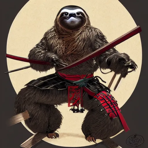 Prompt: graphic, hyperreal, portraiture illustration of anthropomorphic sloth in traditional samurai armor : : digital art, concept art, character development : : illustrated by artgerm, yoji shinkawa, scott buoncristiano, nychos