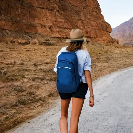 Prompt: A young lonely woman on her own travelling the world, with shorts and wearing backpack