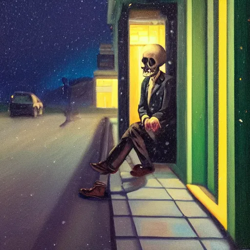 Image similar to a portrait painting of a lonely man with a skull as his head waiting for the bus at night, green dramatic and cinematic light from the streetlight, the sky is full of stars, in the style of edward hopper, 4 k,