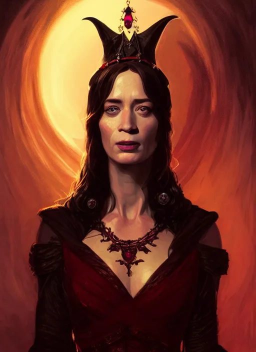 Prompt: portrait of emily blunt as witch queen, jewelry, greek, ruby, victorian age, 1 8 9 0, intricate, headshot, key visual, conceptart, ambient lighting, highly detailed, digital painting, artstation, concept art, sharp focus, by makoto shinkai and akihiko yoshida and greg manchess