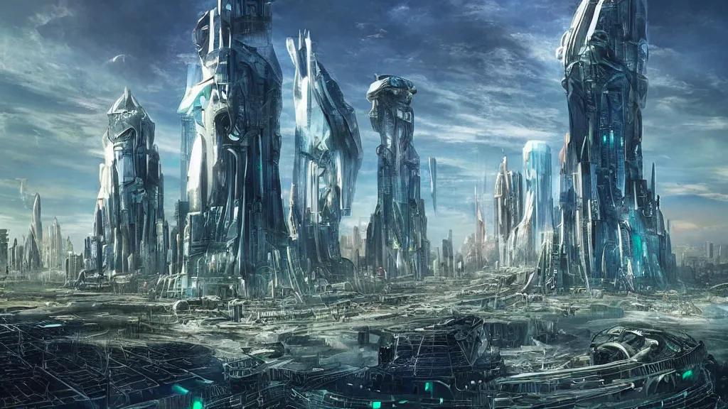 Image similar to a futuristic sci - fi city skyline's in the style of atlantis : the lost empire ( 2 0 0 1 )