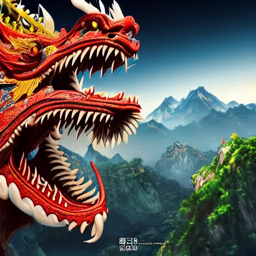 Prompt: a chinese dragon, majestic, mountains background, ultrafine hyperrealistic detailed illustration by kim jung gi, irakli nadar, intricate linework, sharp focus, bright colors, matte, gujian, final fantasy, unreal engine highly rendered, global illumination, radiant light, intricate environment
