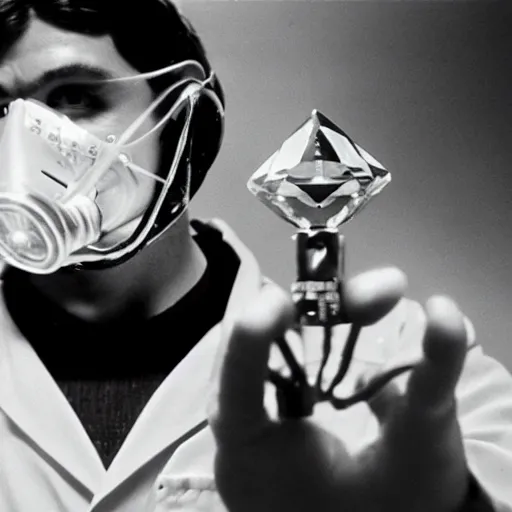 Prompt: a man wearing a lab coat and gasmask, holding a diamond, film still, arriflex