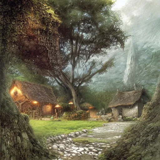 Image similar to a small serene fantasy village on the edge of the woods, by alan lee, lord of the rings, smooth, detailed terrain, oil painting, matte painting, concept art, trending on artstation