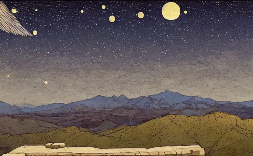 Prompt: mountains, stars and paisley filled sky, artstation, intricate, highly detailed, digital painting, concept art, sharp focus, illustration by Piero della Francesca and Ivan Bilibin