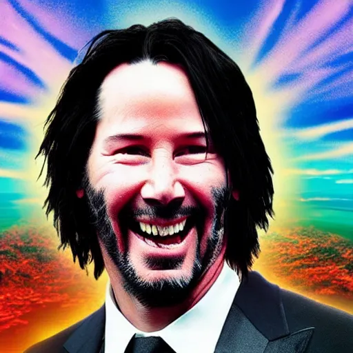 Image similar to keanu reeves with a big smile, nuclear explosion behind him, by beeple, masterpiece,