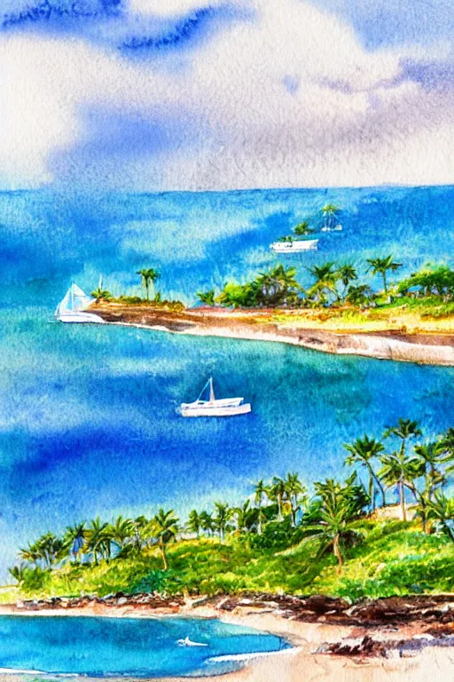 Prompt: watercolor painting of realistic hawaii coast, summer period with boats, watercolor, tonal colors, natural lighting, blue.