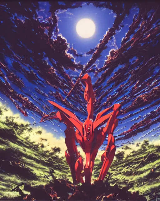 Image similar to evangelion by noriyoshi ohrai, hd, hyper detailed, dark, sky, forest, moon, dark atmosphere, 4 k