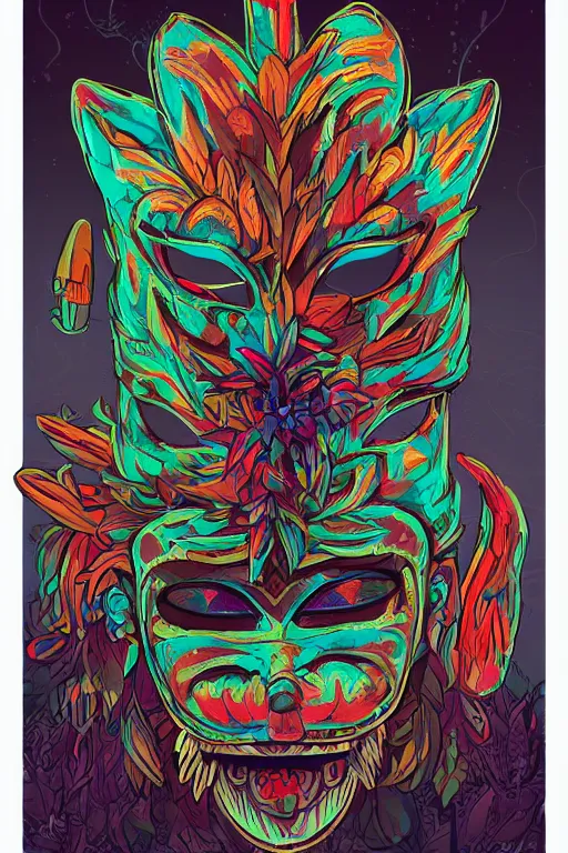 Image similar to animal mask totem roots flower tribal feather gemstone plant wood rock shaman vodoo video game vector cutout illustration vivid multicolor borderlands comics by josan gonzales and dan mumford radiating a glowing aura