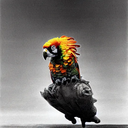 Prompt: realistic high speed photograph of the eldritch sun conure rising from the ocean depths surging with dark power by Zdzisław Beksiński