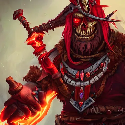Prompt: red orc shaman, red theme lighting, skull staff, skull garments, battlefield background, in hearthstone art style, epic fantasy style art, fantasy epic digital art, epic fantasy card game art