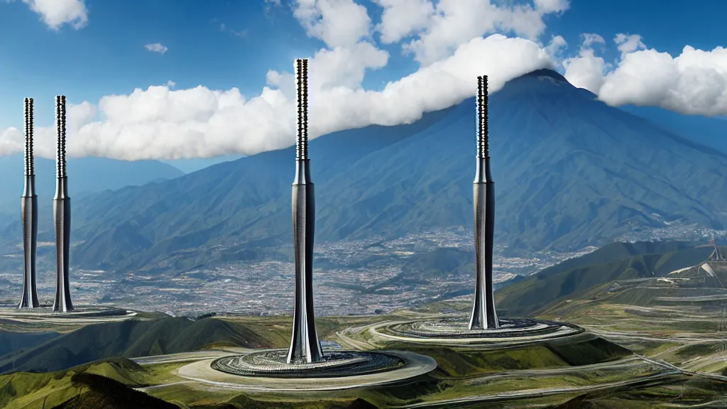 Prompt: Epic Nuclear power towers gracefully over the mountain valley of Quito, Ecuador; by Oswaldo Moncayo and Vincent Callebaut; Art Direction by James Cameron;