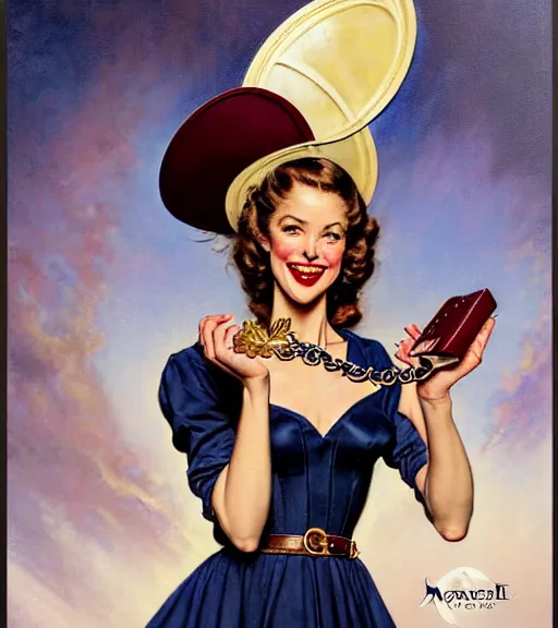 Prompt: a beautiful lady as a magic the gathering card by magali villeneuve and gil elvgren and norman rockwell, crisp details, hyperrealism, smiling, happy, feminine facial features, stylish navy blue heels, gold chain belt, cream colored blouse, maroon hat, windblown, holding a leather purse, mtg