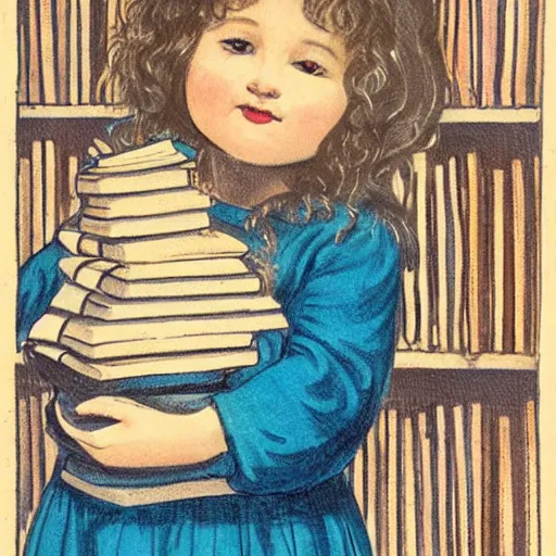 Image similar to the word fee is at the top of the image. a cute little girl with a round cherubic face, blue eyes, and short wavy light brown hair sitting on top of a stack of books. beautiful cartoon painting with flat colors and highly detailed face, outlining, children's storybook