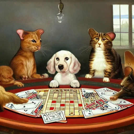 Prompt: painting of Dog, Cat, Rat playing cards sitting at a round table